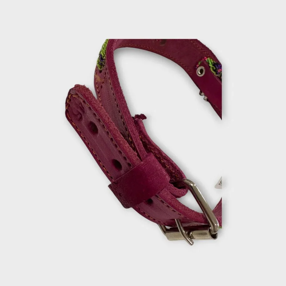 Hand Crafted Pink Leather Dog Collar with Neon Green & Purple Embroidery